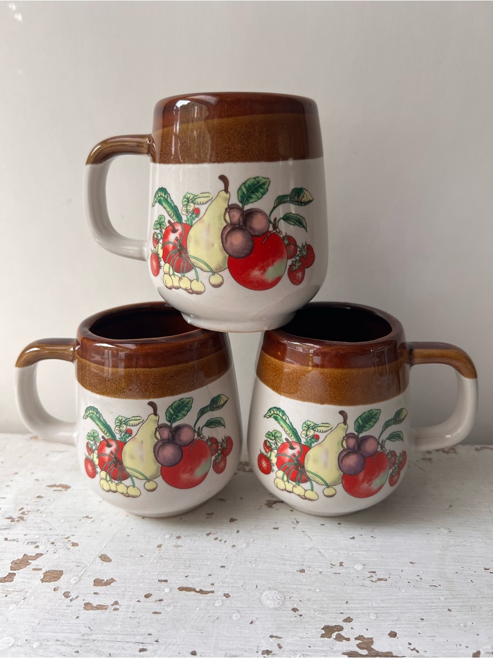 Set of 3 Vintage Ceramic Fruit Pattern Mugs
